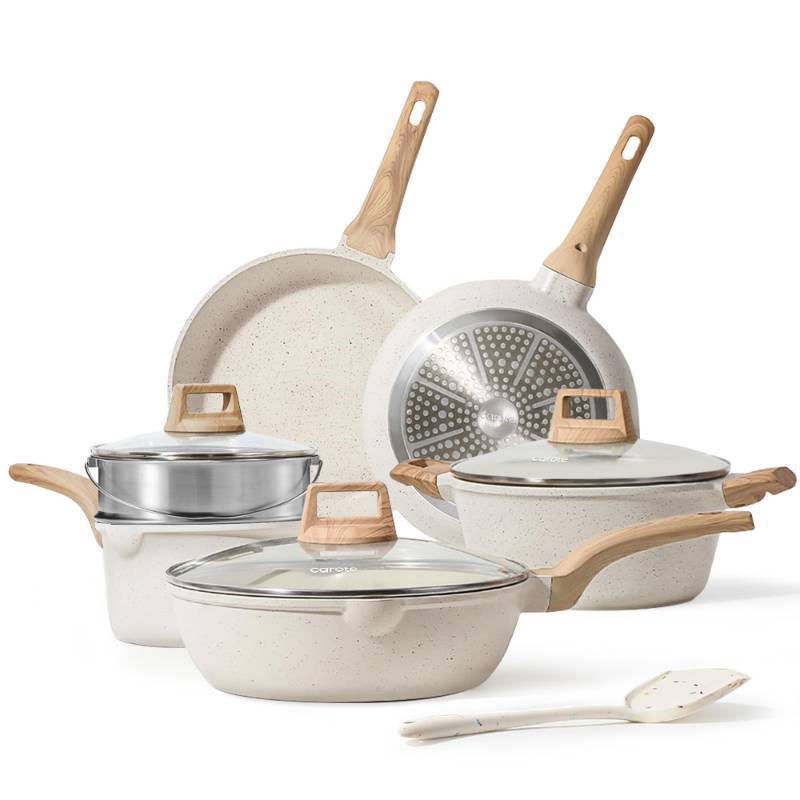 lot 1359 image: CAROTE Pots and Pans Set Nonstick, White Granite Induction Kitchen Cookware Set, 10 Pcs Non Stick Cooking Set wFrying Pans & Saucepans(PFOS, PFOA Free) - Retail $120
