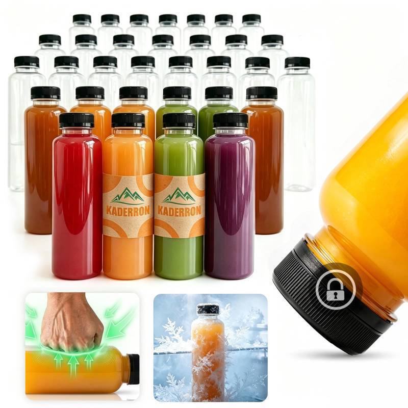 lot 1367 image: Kaderron 40pcs 12oz Plastic Juice Bottles with Caps, Empty PET Disposable Plastic Bottles, Clear Bulk Drink Containers with Black Tamper Evident Lids for Juicing, Drinking and Other Beverages - Retail $33