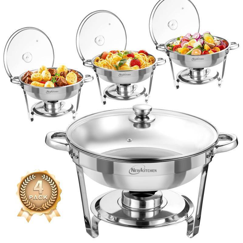 lot 1370 image: Chafing Dishes for Buffet 4 Pack, 5 QT Round Chafing Dishes for Buffet Transparent Glass Cover Stainless Steel Chafing Dish Buffet Set for Any Party - Retail $140