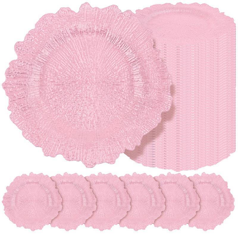 lot 1387 image: Teruntrue 50 Pcs Pink Charger Plates Bulk 13 Inch Plastic Charger Plates for Dinner Plate, Pink Chargers for Table Setting, Reef Design Plate Floral Decorative Round Chargers for Wedding Party Event - Retail $224