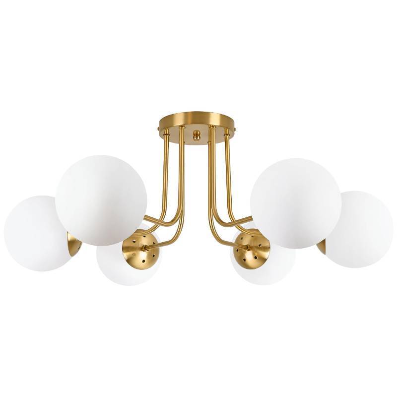 lot 1378 image: KoKo&Yukina 6-Light Mid Century Ceiling Light Modern Semi Flush Mount Ceiling Light Fixture Globe Ceiling Light with Milk Glass Shade Brushed Brass Finish for Bedroom Hallway Dining Room Living Room - Retail $150