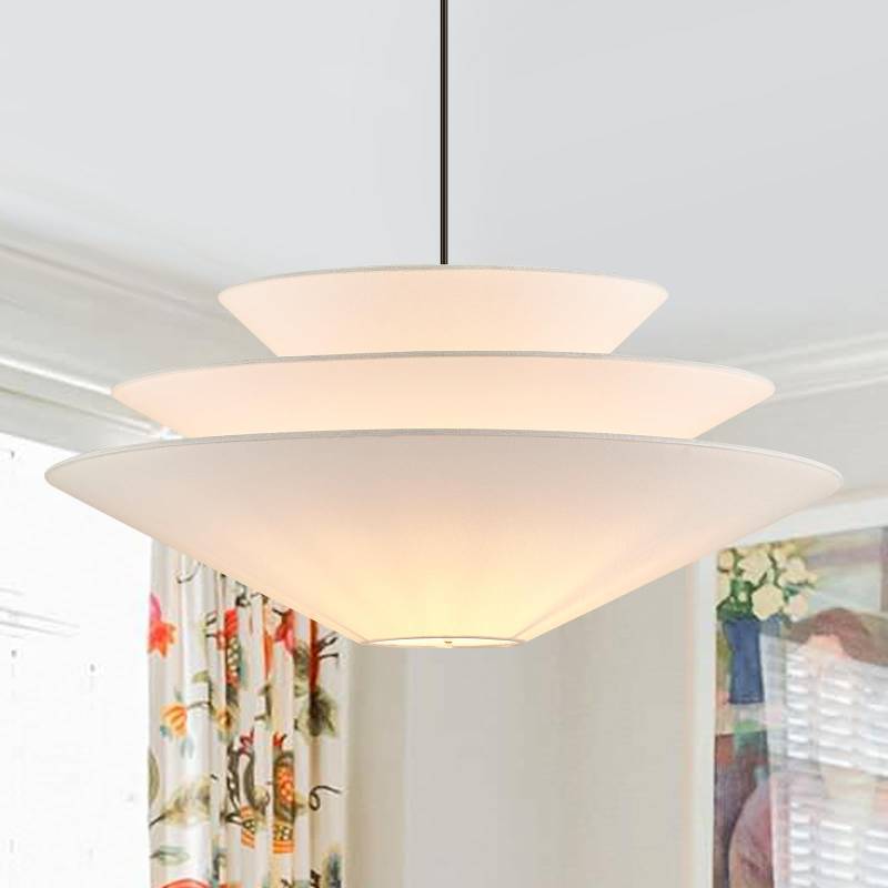 lot 1380 image: ELYCCUPA 24 Large Off White Linen Fabric Pendant Light 3-Layer Modern Chandelier Adjustable Industrial Pendant Lighting Fixtures for Kitchen Island Dining Room Entryway, UL Listed - Retail $140