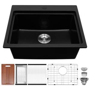 lot 1338 image: Davivy 22 X 19 Matte Black Granite Composite Dual Mount Kitchen Sink, 22 Inch Black Quartz Kitchen Sink,Undermount & Drop in Installation, Single Bowl Design with Accessories - Retail $247