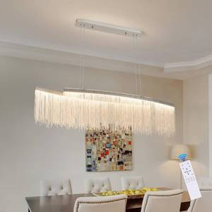 lot 1342 image: Puvaue Aluminum Tassel Linear are Deco Rectangular Chandelier,LED Kitchen Chandeliers Over Table, Hanging Light Fixture for Dining Room with Remote Control L47 - Retail $190