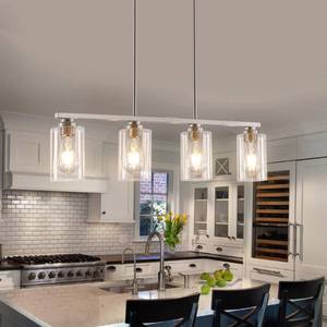 lot 1379 image: Mecgirn Island Light for Kitchen, Brushed Nickel Dining Room Light Fixture Over Table, 4-Light Linear Chandelier Pendant Lighting for Dining Table Kitchen Island Living Room - Retail $135