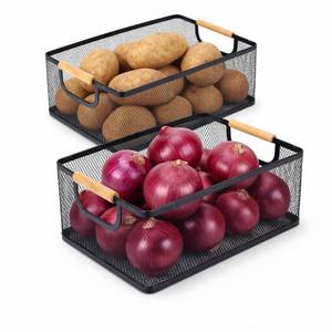 lot 2323 image: Qinpufu Potato and Onion Storage Baskets with Wood Handles, 2-Set Metal Mesh Bin for Kitchen, Pantry, Countertop, Ventilated Organizer for Vegetables Fruits, Black