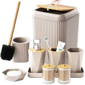 lot 2332 image: Bathroom Accessories Set - Unbreakable Beige Bathroom Set, Trash Can, Toilet Brush with Holder, Soap Dispenser, Toothbrush and Toothpaste Holder, Tumbler, Soap Dish, Qtip Holders, Tray, Bamboo Decor