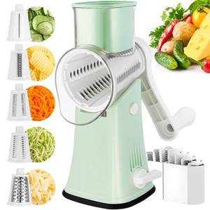 lot 2333 image: VEKAYA Rotary Cheese Grater, 5 in 1 Cheese Grater with Handle, Replaceable Stainless Blades Cheese Shredder, Cheese Vegetable Slicer, Easy to Clean Kitchen Gadgets with Storage Box