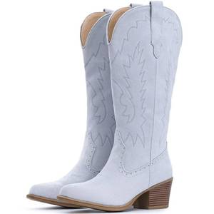 lot 2344 image: IUV Suede Cowboy Boots For Women Chunky Heel Pointed Toe Cowgirl Boots Mid Calf Western Embroidery fall Boot 10