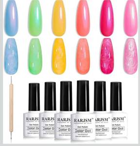 lot 2354 image: RARJSM Pearl Gel Nail Polish Set Neon Green Blue Yellow Orange Red Pink Rainbow 6 Bright Colors Iridescent Mermaid Shell Glitter Polish Shimmer Multichrome Swirl Thread Effect Curing Requires