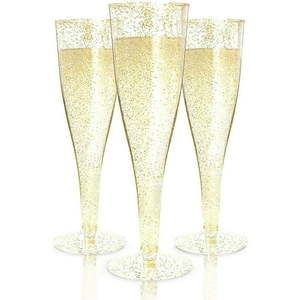 lot 2371 image: Prestee 100 Plastic Champagne Flutes Disposable  Gold Glitter Plastic Champagne Glasses for Parties  Glitter Clear Plastic Cups  Plastic Toasting Glasses  New Years Eve Party Supplies
