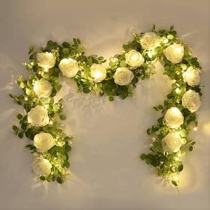 lot 2372 image: Dolicer 2Pcs 13Ft Artificial Eucalyptus Garlands with Flowers - 8 Roses, Faux Floral Greenery Garlands with 13Ft String Lights Fake Flower Vines for Wedding Table Centerpieces Arch Party Decor (White)