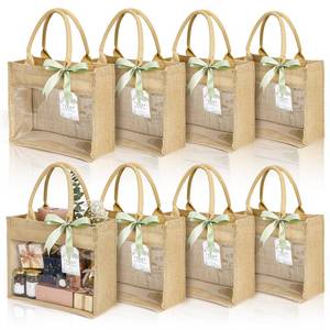 lot 2395 image: Tebery 8 Pack Wedding Burlap Bags, Large Bridesmaid Gift Bags with Clear Window and Ribbon, Reusable Waterproof Bachelorette Bag for Bridal Welcome Shower Party, Travel, Shopping