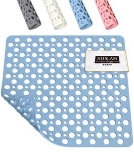 lot 2405 image: HITSLAM Shower Mat Anti Slip, 21x21 Inch No Odor Soft TPE Bathroom Shower Stall Floor Mat, Square Bath Mat for Tub Non Slip with Suction Cups and Drain Holes, Machine Washable, Soft on Feet, Blue