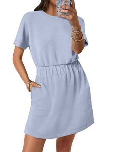 lot 2416 image: ANRABESS Womens Dresses 2026 Summer Casual Short Sleeve Crew Neck Elastic Waist Mini T Shirt Dress with Pockets Light Blue Small