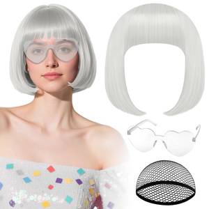 lot 2418 image: PLULON Light Gray Bob Wig with Heart Sunglasses and Hair Cap for Women, Short Bob Wigs Synthetic Colored Funny Cosplay Hairpieces for Women Men Neon Bachelorette Halloween Costume Party Decorations