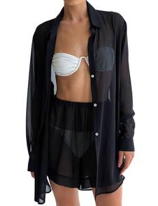 lot 2423 image: Gihuo Womens Summer Beach 2 Piece Outfit Sheer Blouse Mesh Lounge Set Sexy See Through Shorts Set(Black-M)