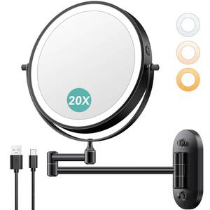 lot 2440 image: Auxmir 8 Wall Mounted Lighted Makeup Mirror, 3200mAh Rechargeable Double-Sided 1X20X Magnifying Mirror with Light, Touch Dimmable 3 Color Light, 360° Rotation Foldable Extended Arm, Black