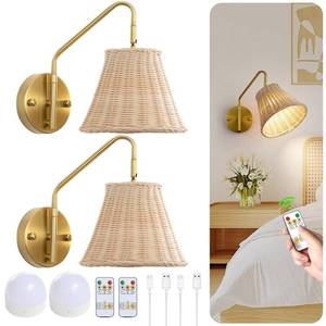 lot 2441 image: Boho Battery Operated Wall Sconce, 100% Natural Rattan Wall Sconces Set of Two Battery Operated, Adjustable Battery Wall Sconce, Remote Rechargeable Sconce, Wirless Battery Sconces for Bedroom