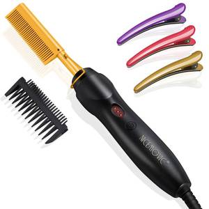 lot 2467 image: NICEMOVIC Ceramic Heating Hair Straightener Comb - Hot Pressing Brush for Natural Black Hair, Beard Wigs, and Curling (Gold)