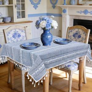 lot 2493 image: Small Blue Square Tablecloth 36x36, Spring Dusty Blue and White Linen Coffee Table Cover, Boho Nightstand Cover Top for Bedroom,End Table Cloth Runner, Summer Coastal Rustic Farmhouse Home Decor