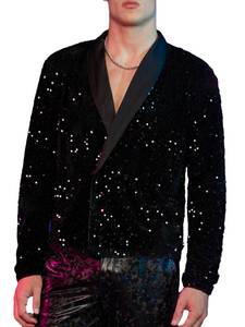 lot 2495 image: WDIRARA Mens Sparkle Sequins Button Front Long Sleeve Shawl Collar Party Blouse Shirts Black M