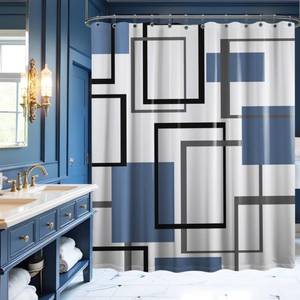 lot 2503 image: Yieldeer Blue and White Shower Curtain Geometric Black and Blue Modern Shower Curtains for Mens Bathroom Decor Abstract Bath Curtain Set, Waterproof Cloth Fabric with Hooks 70 x 72 Inch