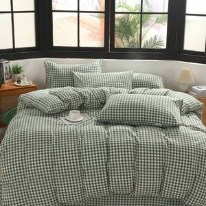 lot 2506 image: MorroMorn Green Gingham Duvet Cover Set 100% Washed Cotton Linen Like Soft, 3-Pieces Bedding Sets Comforter Cover & 2 Pillowcases - Breathable Durable Vintage (Queen 90x90, Comforter Not Included)