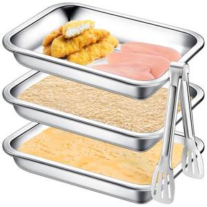 lot 2521 image: Mumufy Breading Trays Set of 3 Large Stainless Steel Breading Pans with Tong for Dredging Chicken Breasts and Marinating Meat, Food Prep Trays for Breadcrum Dishes (10.63 x 7.87 x 1.9 Inches)