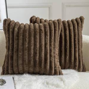 lot 2537 image: MANDIOO Pack of 2 Decorative Throw Pillow Covers Faux Fur Striped Plush Soft Cushion Covers Pillow Cases Bedroom Living Room Sofa Home 26x26 Inch Dark Brown