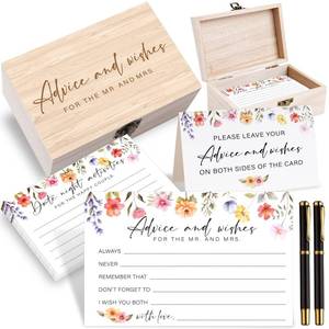 lot 2549 image: 85 Pcs Advice and Wishes Cards Wooden Box Set for The Mr and Mrs,Pink Floral Rose Advice and Wishes Cards with Pen for the Groom and Bride,Bridal Shower Game,Wedding Party Decorations Supplies