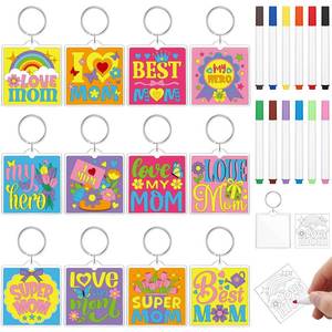 lot 2550 image: Cunno 36 Pcs Mothers Day Crafts, 12 Designs, 12 Markers, DIY Mothers Day Keychain Coloring Craft Kit for Creative Painting Activity, Mother Appreciation Gift-Making Set