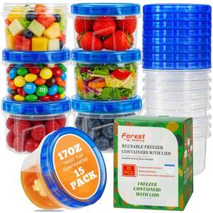 lot 2572 image: 15 Pack 17oz Reusable Freezer Storage Containers with Twist Top Lids Airtight, Small Plastic Food Storage Containers for Meal Prep Leftover Lunch Fruit Salad, Soup Container Microwave Freezer Safe