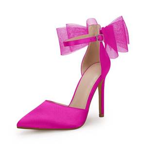 lot 2620 image: Coutgo Womens Closed Pointed Toe High Heels with Bow Knot Ankle Strap Satin Stiletto Pumps Rose Red 8.5