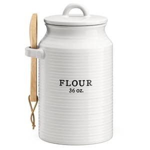 lot 2631 image: Barnyard Designs Flour Canister for Kitchen Counter, Decorative Ceramic Flour Container, Rustic Farmhouse Canister Jar, White