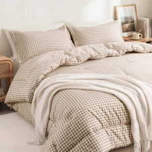 lot 2653 image: SunNewt Twin XL Comforter Set, Modern Plaid Checkered Bedding, Tan Gingham Brown Grid Bed Comforter, Soft Fluffy Breathable Farmhouse Dorm Bedding, All Seasons 3 Piece Set