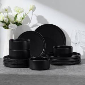 lot 2655 image: E-far 12-Piece Plates and Bowls Sets, Stoneware Dinnerware Dishes Sets for 4, Kitchen Modern Dining Dishware, Chip & Scratch Resistant, Microwave & Dishwasher Safe, Matte Black