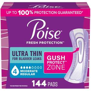 lot 2680 image: Poise Ultra Thin Incontinence & Postpartum Pads for Bladder Leaks, 4 Drop Moderate Absorbency, Regular Length, 144 Count (Packaging May Vary)