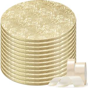 lot 2690 image: 12 Pack 10 Inch Cake Drum Round 3mm Thick Gold Cake Board with 2 Roll 1.61 Inch Satin Ribbon Sturdy Greaseproof Wooden Base for Wedding Birthday Party Multi Tiered Bakery Display (Gold)