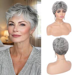 lot 2701 image: Haloo Gray Pixie Wigs for Women - Short Natural Layered Haircut Synthetic Heat Resistant Hair Wig for Daily Costume Gray Mixed Black