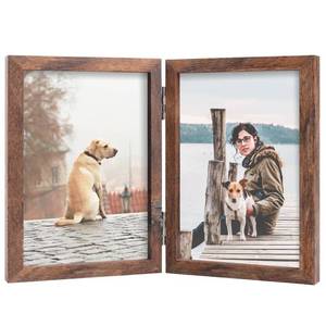 lot 2741 image: FOREV 5x7 Double Picture Frame Wooden Hinged Photo Frame Definition Glass Stand Vertically on Desktop or Tabletop Rustic Wood