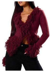 lot 2746 image: WDIRARA Womens Fuzzy Trim Cardigan Sweater Goth Punk V Neck Long Sleeve Knit Outerwear Burgundy Medium