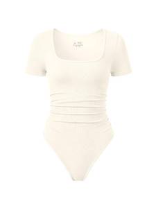 lot 2748 image: OQQ Women Bodysuits Ruched Short Sleeve Square Neck Stretch Lounge Travel Bodysuits Beige XL