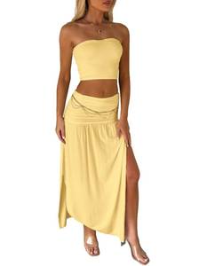 lot 2756 image: Two Piece Skirt Set for Women - 2 PC Sexy Summer Beach Dresses Vacation Outfits Going Out Strapless Bandeau Tube Crop Tops Boho Maxi Long Skirts Sets Yellow S