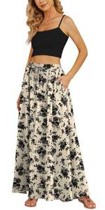 lot 2758 image: Yincro Womens Flowy Maxi Skirt Summer Pleated High Waisted Casual Long Skirts with Pockets (Black Flower Light Beige, 2XL)
