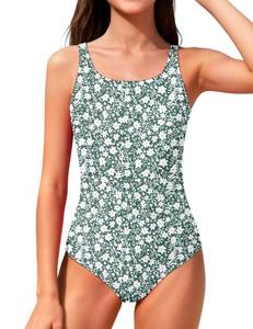 lot 2759 image: Dearnow Girls Swimsuits Size 10-12 One Piece Ruched Green Floral Print Adjustable Straps Pad Girls Bathing Suit Swimwear 11-12 yo