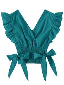 lot 2761 image: LYANER Womens Cute V Neck Ruffle Cap Sleeve Side Bow Shirred Hem Summer Crop Tank Tops Peplum Blouse Solid Teal Small