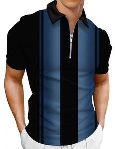 lot 2763 image: Hodaweisolp Mens Short Sleeve Zipper Casual Slim Fit Printed Golf Polo Shirt Tops Black Blue Stripe-L