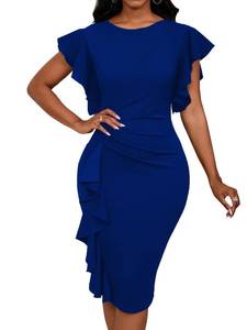 lot 2768 image: Yajedo Summer Dress for Women 2026 Blue Dress Basic Ruffle Flared Short Sleeve Spring Cuhrch Bodycon Crew Neck Pencil Midi Dress(Blue XX-Large)