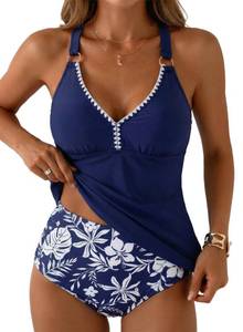 lot 2769 image: Aleumdr Womens Two Piece Swimsuits Tummy Control Tankini Sets High Waisted Bathing Suits Sexy V Neck Swimwears Navy Blue Medium